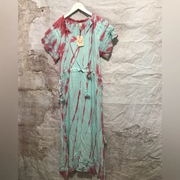 anthropologie raga maxi dress Raga Dresses Button Up V Neck Ruffle Trim Tassel Tie Printed Maxi Dress S / Ivory